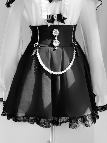 Kei Jirai Black High Waist Lace Skirt with Beaded Chain Round Rhinestone Trim