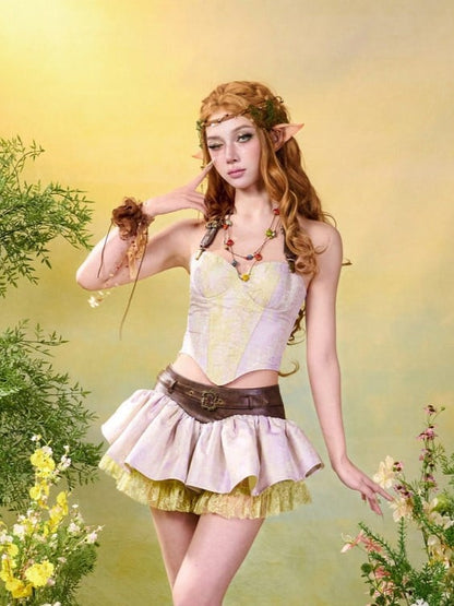 Purple & Green Fairycore Mori Layered Ruffle Skirt with Lace Trim - Virtual Orbit