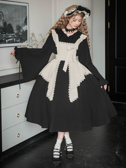 Langes Lolita-Kleid mit schwarzen Ärmeln, volle Rüschenversion, Wa Maid Set, V-Ausschnitt