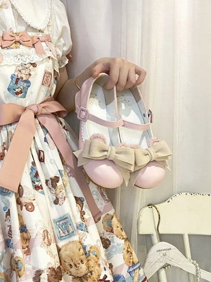 Pink Low/Mid Edge Mary Ear Light Bear Detachable Sweet - Scalloped Heel Bow Janes with Lolita