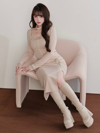 + Slit - Two-Piece Jirai Square Skirt Top Lace Set Choker Beige Neck Design Kei Accent Bow