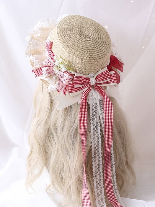 Gypsophila Lace Colors Gingham And Country Straw 5 Ribbon Bowknot Lolita Hat
