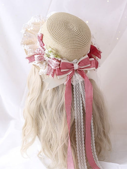 Gypsophila Lace Colors Gingham And Country Straw 5 Ribbon Bowknot Lolita Hat