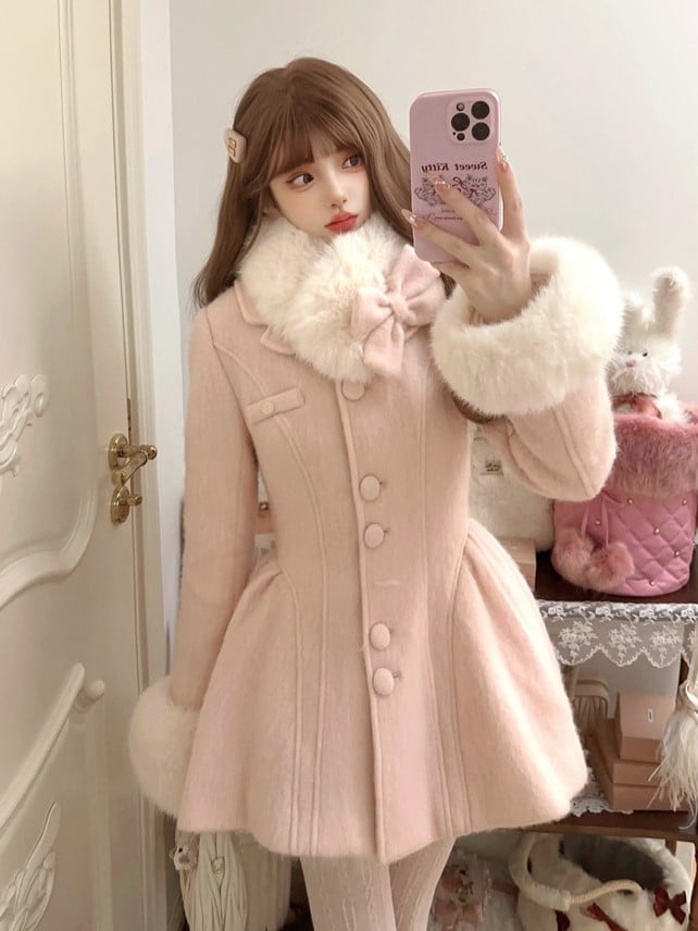 Detachable Coat Bow Oversized Fur Faux Pink With