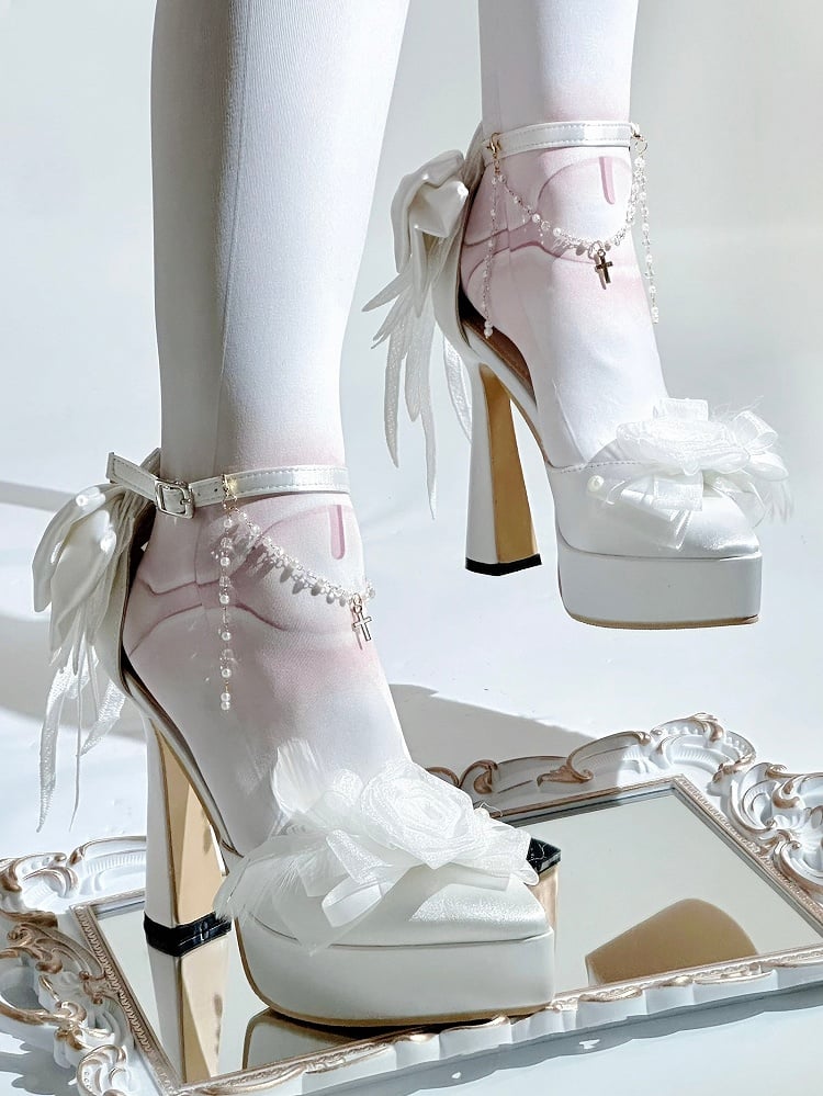 White Beadwork Motifs Regular Floral High Interchangeable Bowknot Heels in with Gothic Ornate Version Details