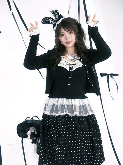 Plus Dot Buttons Cardigan with Polka Size Heart Trim Black Ruffle