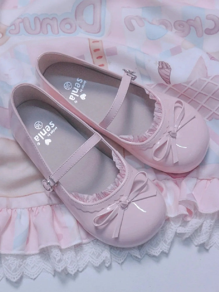 Knotted - Trim Top Round Lolita Flat Lace Shoes Sweet Pink Toe Bow