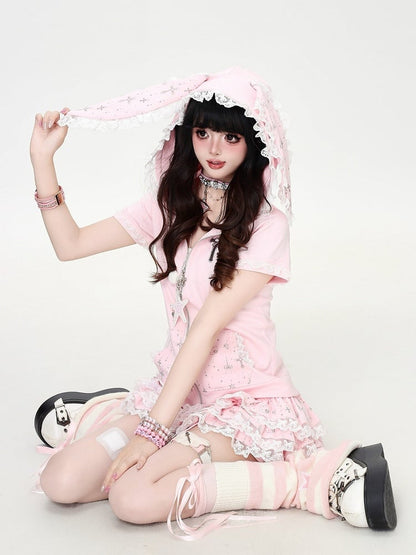 Lace-Trimmed Pink Bunny Hoodie - CRAZY GIRL