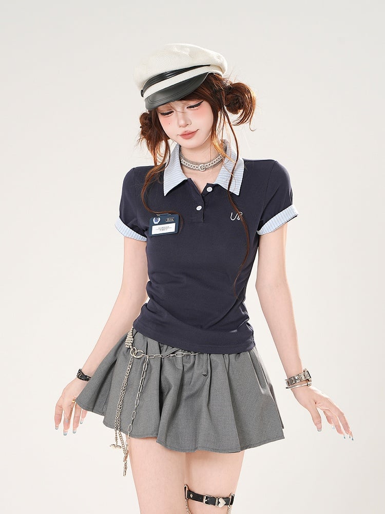 Preppy Style Red/Navy Polo Collar Slim-fitting T-shirt Blue