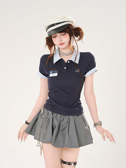 Preppy Style Red/Navy Polo Collar Slim-fitting T-shirt Blue