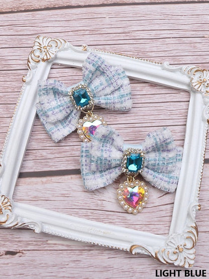 Jirai Tweed Charm Bowknot Heart 6 Hairclip Rhinestone Color Kei Options