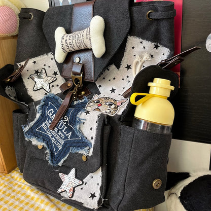 Patches Drawstring Star white and Washed Distressed Backpack Black with Canvas