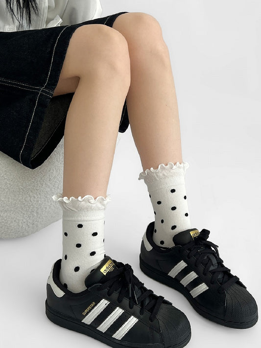 Trim Polka-dot Ribbed WhiteBlack Pattern Socks