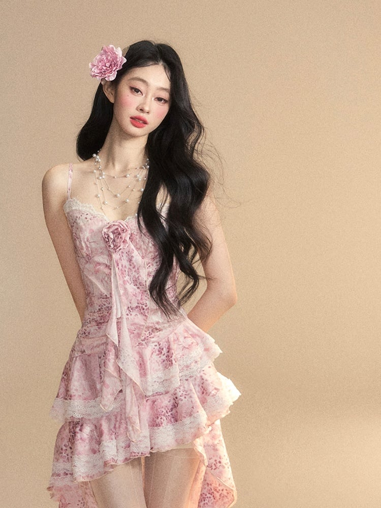 Ruffle Dress Slip Trim Cascading Gown Skirt Pink Tiered High-low