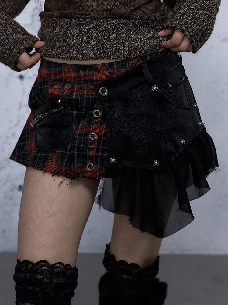 Punk Ruffled Mini Red Detachable Plaid Front Panel - Rock Skirt Black