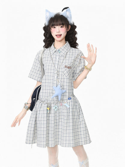 Preppy Gray Plaid Polo Neck Short Sleeve Dress - Languid Park