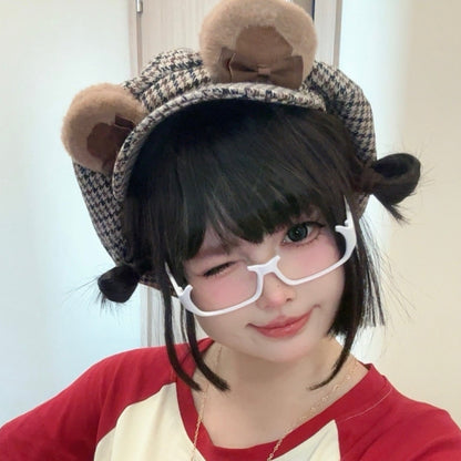 Bear Beret Hat Brown Ear Houndstooth Pattern