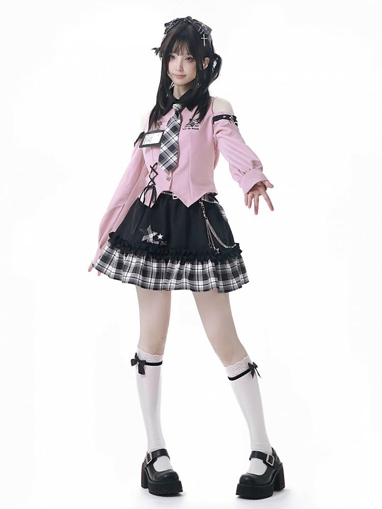 Chain Idol with Detachable Tiered Plaid Skirt Belt Black Waist Punk