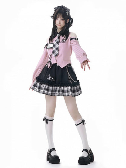 Chain Idol with Detachable Tiered Plaid Skirt Belt Black Waist Punk