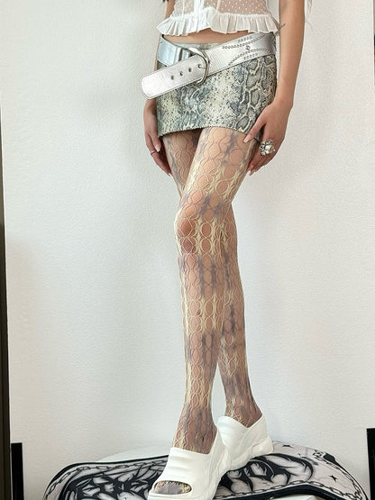 Fashion Hollow-out Tights WhiteGray Details Gyaru Dye Tie