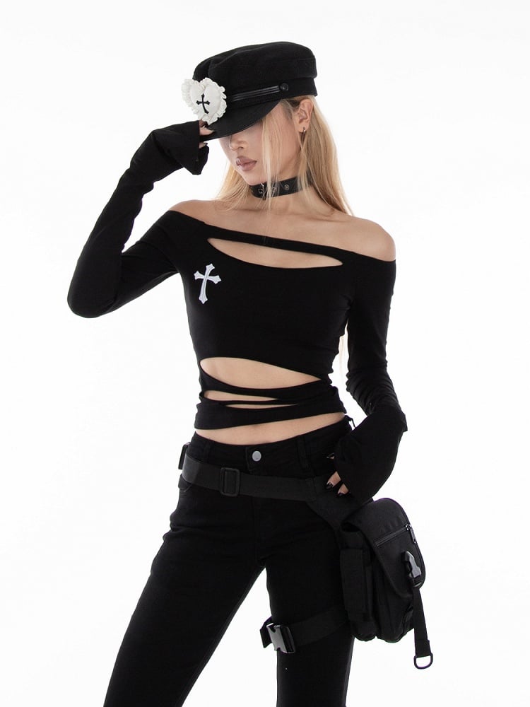 Schwarzes Off-Shoulder-Punk-Top mit Distressed-Rock-Löchern