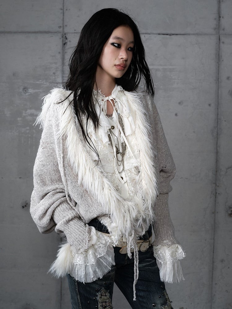 Trim Light Punk Cardigan Wing Faux Grey Fur Print Y2K Batwing with Sleeve
