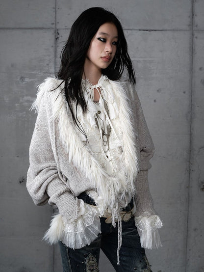 Trim Light Punk Cardigan Wing Faux Grey Fur Print Y2K Batwing with Sleeve