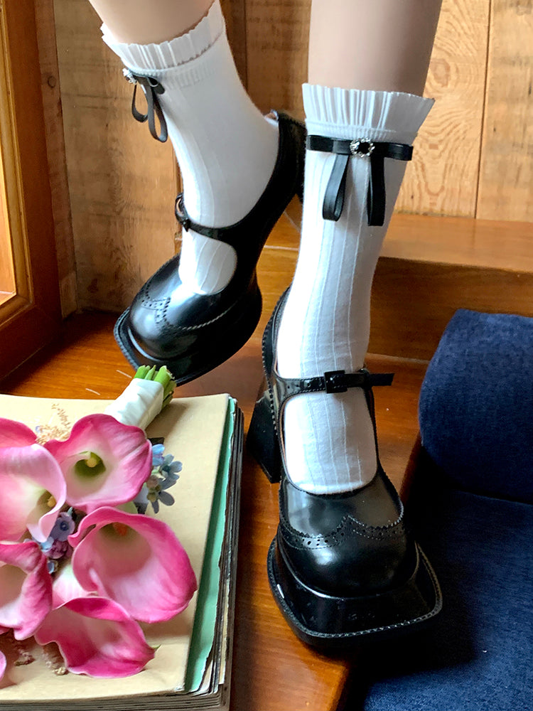 Black Bow Socks Mid-Calf / White Accent Balletcore