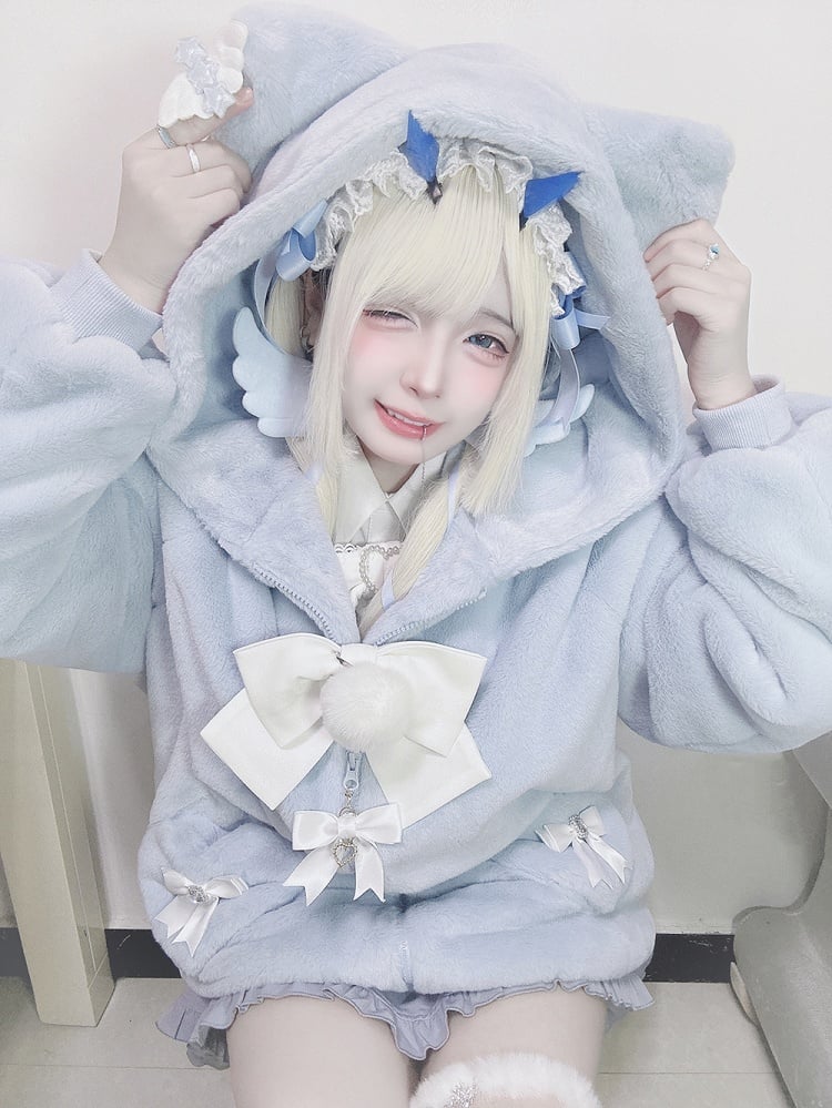 12 Kitty-Ear Jacket Bows Detachable Hooded with Pompom Jirai Available Colors Plush Kei