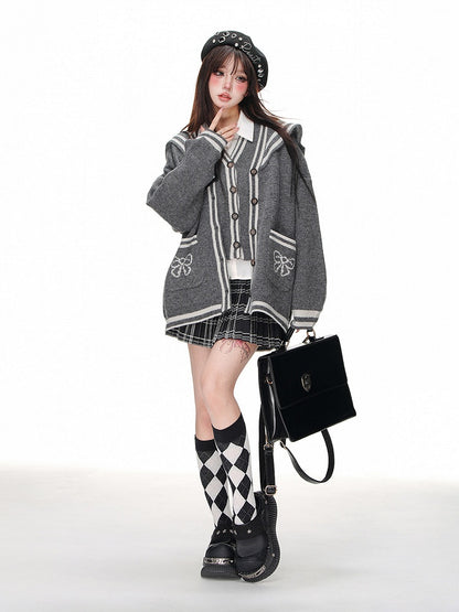Gray Sailor Collar Cardigan with Button Placket - Kelly Kitty