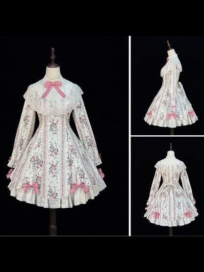 Beige Floral Print Refined Lolita OP Dress with Bow & Lace Accents - Miss Cube Dressworks
