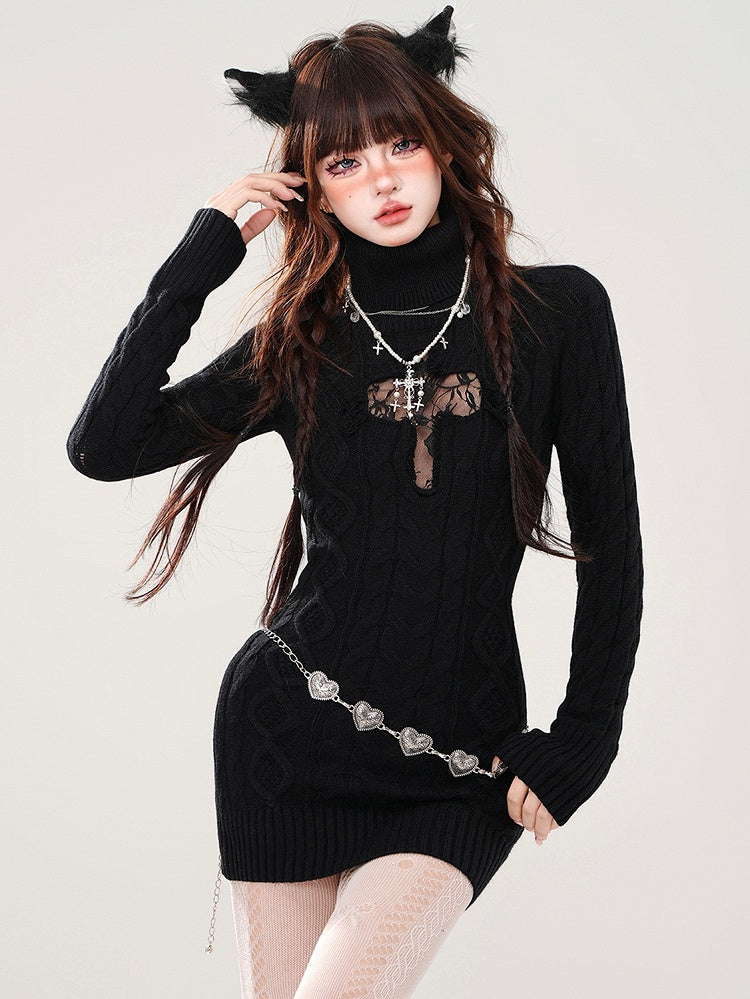 Black and Gray Cross Cutout Detail Turtle Neck Slim-Fit Knit Dress