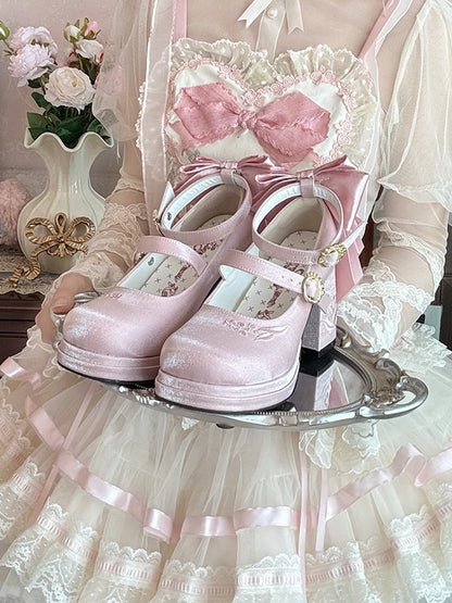 ピンクバレーヒール、取り外し可能なジェーンズ刺繍、メアリーリボンリリーミドル