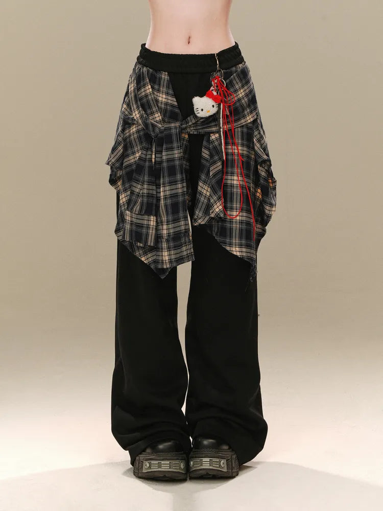 Schwarze karierte Hose mit weitem Bein und