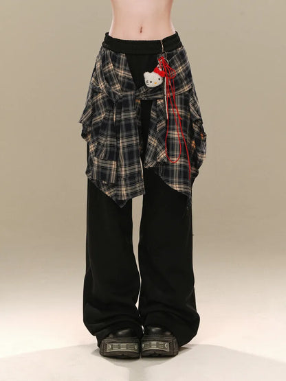 Schwarze karierte Hose mit weitem Bein und