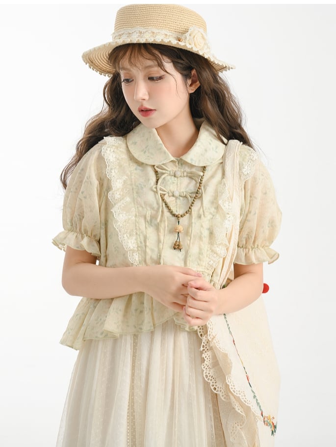 High-low Blouse Collar Trim Lace Pan Apricot Peter
