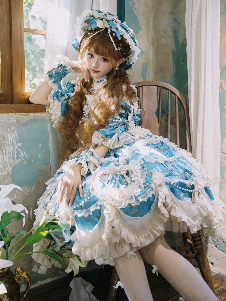 Floral Blue Edge with Hem Lolita Dress Print Scalloped Hime Lace