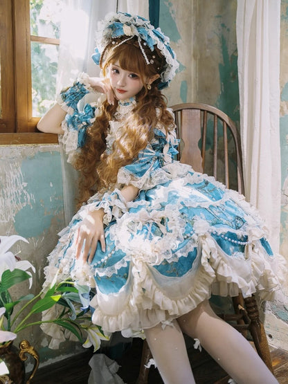 Floral Blue Edge with Hem Lolita Dress Print Scalloped Hime Lace