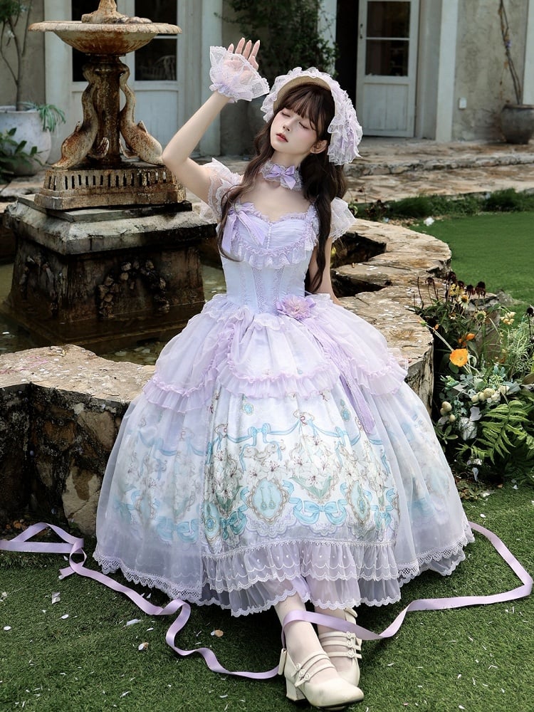 Purple Lily Print Lolita JSK Gown with Tulle Overlay and Back Bow Set - White Sugar Girl