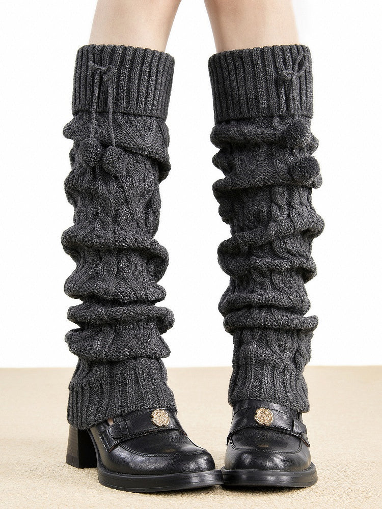Warmers 4-Color Knit with Detail Cable Leg Pom-Pom