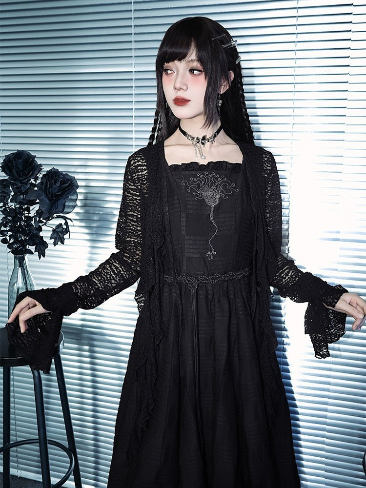 Black Hollow Lace Cardigan Asymmetrical Cut