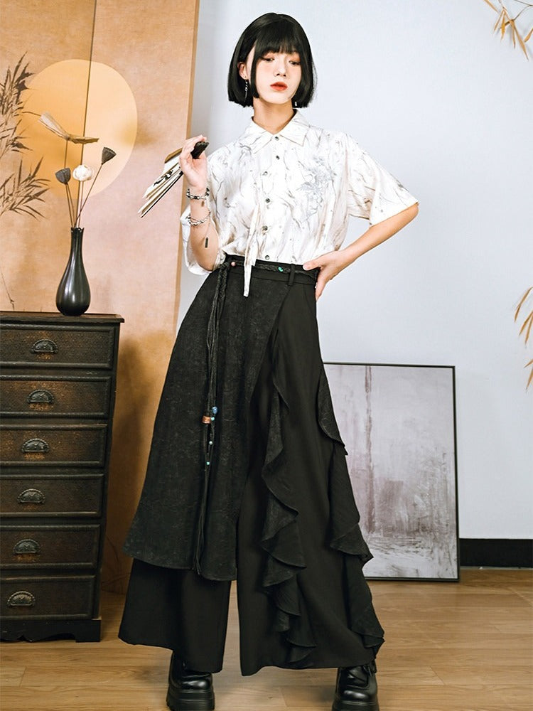 Dark Asymmetric Wide-Leg Pants with Spliced Panels - Quirky Hut