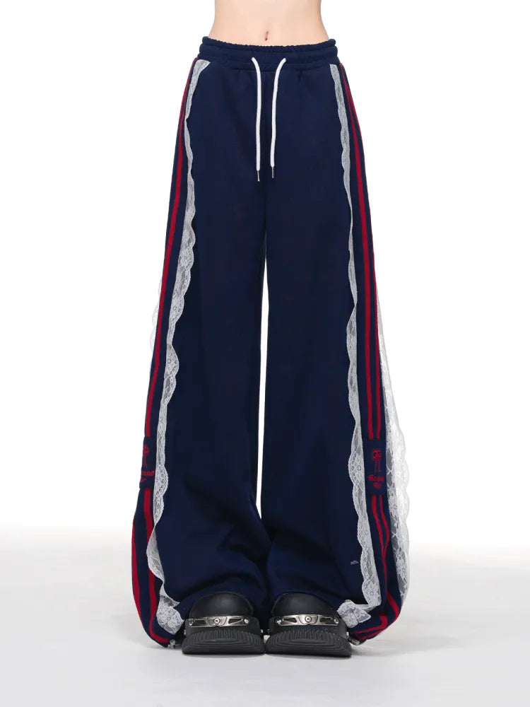 Cut Lace Wide-Leg White/Dark Trim Pants Blau Blokettecore