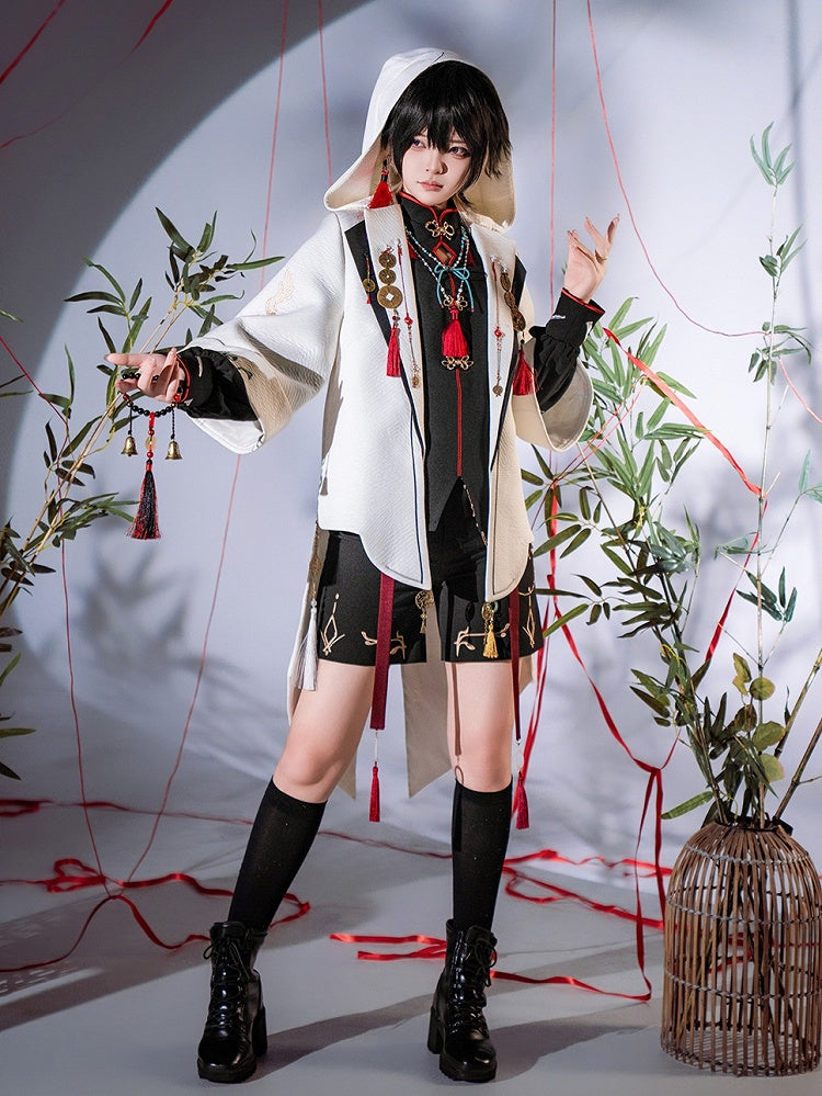 Top with Copper Hooded Ouji Charms Fashion and Chinoiserie Coin Jacquard Tassel White