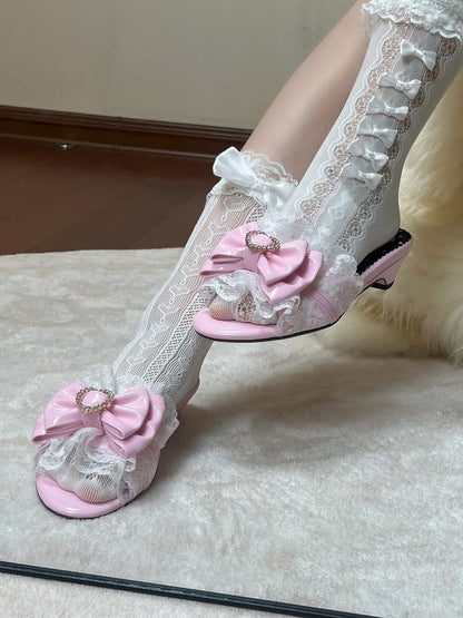 Bowknot & Lace Trim Sandals with Detachable Heart Buckle - LilGyaru