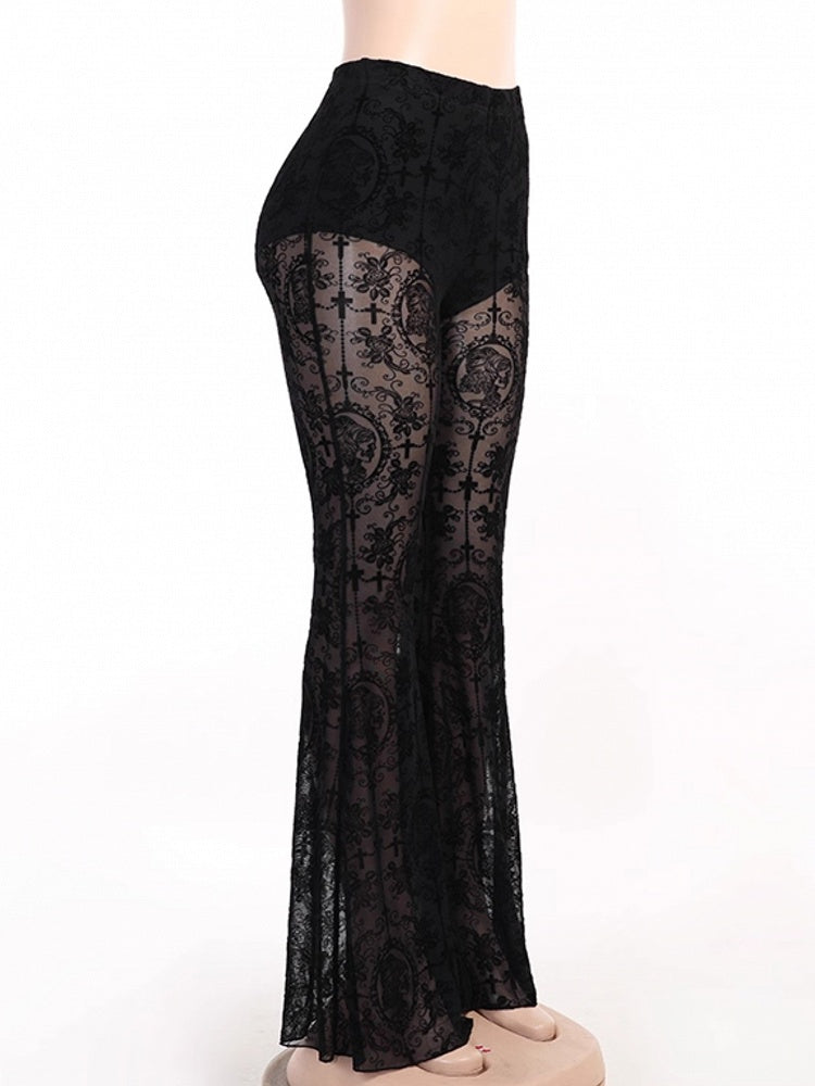 Semi-Sheer with Black Flare Pants Cross Gothic Embroidery Lace