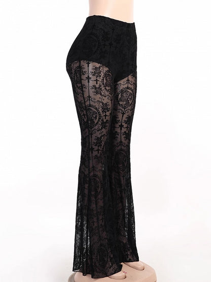 Semi-Sheer with Black Flare Pants Cross Gothic Embroidery Lace