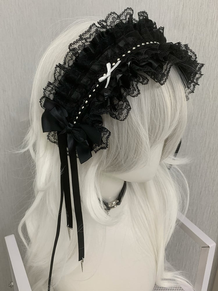 Details Decorated Hairband Ruffled Black/White Bowknot Studs