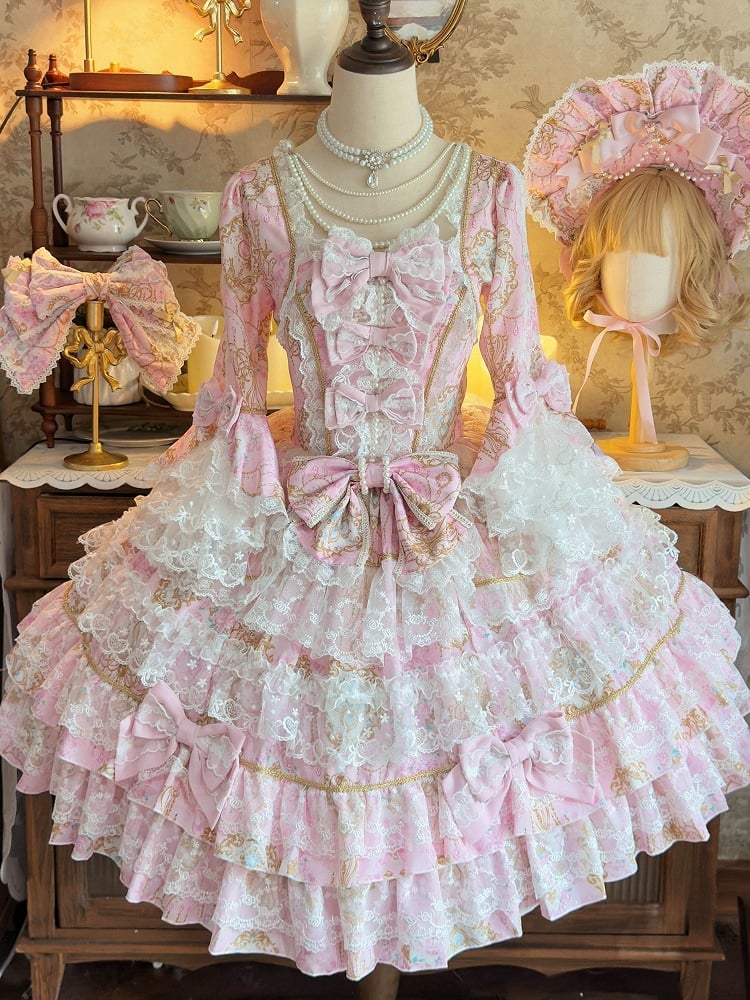 with Accents Floral Sleeves Print Lolita Dress Bow Lace Bell and Trim Pink OP