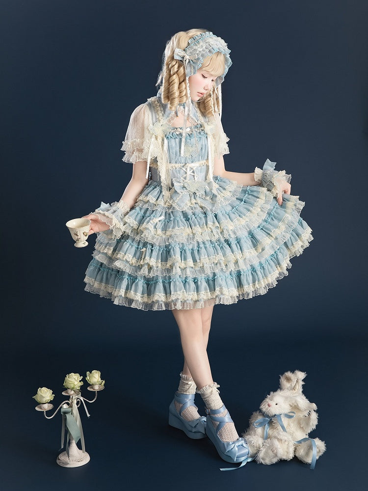 Stickerei Kleid Details Lolita und mit Rüschen Blau Süße Tiered Goldfisch Spitze